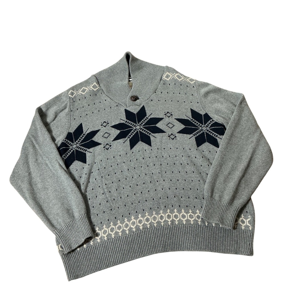 Weatherproof Vintage Nordic Snowflake Sweater Mens L Gray Fair Isle Shawl Neck